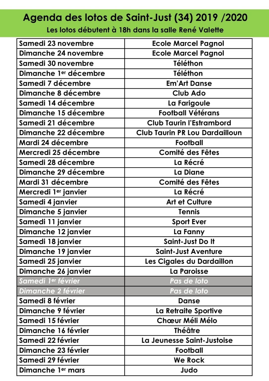 Agenda des lotos – [Village de Saint-Just dans l'Hérault]