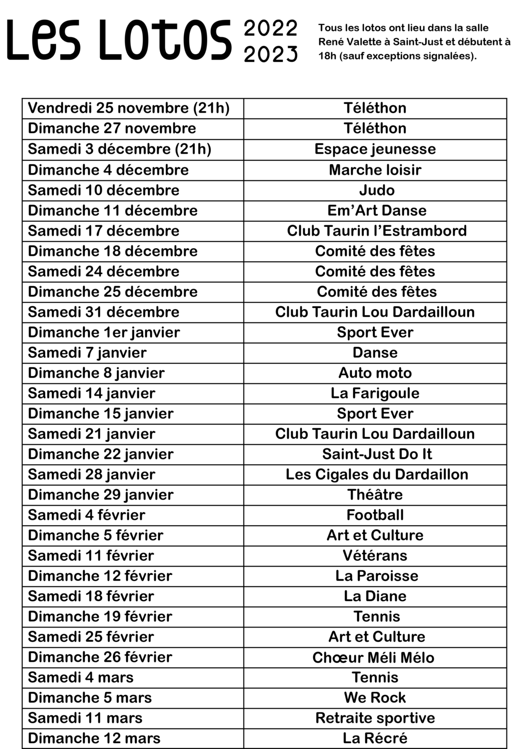 Agenda des lotos 2022 / 2023 [Village de SaintJust dans l'Hérault]